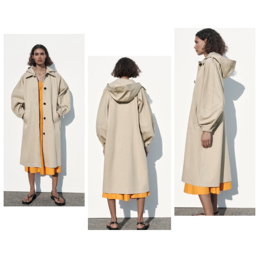 Zara Woman Hooded Oversized Trench Coat XS Balloon Sleeve Longline Minimalist